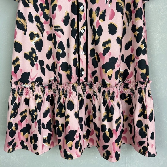 VOY size L pink leopard drop waist ruffle dress short puff sleeve button front - Picture 3 of 12